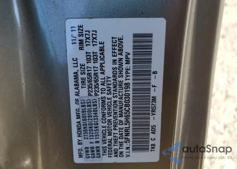 2012 Honda Odyssey Exl z USA, uszkodzony, nr VIN 5FNRL5H65CB030198